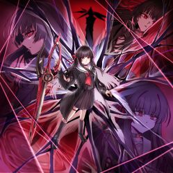  absurdres arm_cutout black_choker black_hair black_jacket black_serafuku black_shirt black_shoes black_skirt black_socks bright_pupils chisa_(wuthering_waves) choker closed_mouth clothing_cutout commentary female flareza hair_ribbon highres holding holding_sword holding_weapon jacket long_hair long_sleeves looking_at_viewer neckerchief red_eyes red_neckerchief red_ribbon ribbon sailor_collar school_uniform serafuku shirt shoes skirt socks sword weapon white_pupils white_sailor_collar wuthering_waves 