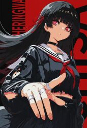  arm_cutout black_choker black_hair black_jacket black_shirt black_skirt chisa_(wuthering_waves) choker closed_mouth clothing_cutout commentary cowboy_shot crop_top female fingernails hair_ribbon highres jacket long_hair long_sleeves looking_at_viewer neckerchief red_eyes red_neckerchief red_ribbon ribbon sailor_collar shirt skirt solo tacet_mark_(wuthering_waves) wanlai_bu_shiman white_sailor_collar wuthering_waves 