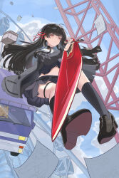  absurdres black_choker black_hair black_jacket black_shirt black_shoes black_skirt bright_pupils chisa_(wuthering_waves) choker closed_mouth commentary day female hair_ribbon highres holding holding_sword holding_weapon horik_22 jacket long_hair long_sleeves mole mole_under_eye namipon_(wuthering_waves) red_eyes red_ribbon ribbon sailor_collar shirt shoes skirt sword thigh_strap weapon white_pupils white_sailor_collar wuthering_waves 