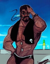  1boy armpits bara beard black_hair black_male_swimwear black_sclera blue_sky bottle brown_hair colored_sclera dark-skinned_male dark_skin dog_tags facial_hair hand_in_own_hair hand_on_own_hip highres looking_to_the_side male_focus male_swimwear mature_male muscular muscular_male overwatch overwatch_1 poolside reaper_(overwatch) red_eyes short_hair sky smoke spiked_wristband stormcallart summer swim_briefs towel towel_around_neck 