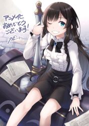  alina_clover ayakura_juu black_bow black_bowtie black_hair black_ribbon black_skirt bow bowtie braid breasts collared_shirt female green_eyes guild_no_uketsukejou_desu_ga_zangyou_wa_iya_nanode_boss_wo_solo_toubatsu_shiyou_to_omoimasu hair_ribbon hammer high-waist_skirt highres holding holding_hammer holding_weapon large_breasts long_hair looking_at_viewer one_eye_closed paper ribbon shirt signature sitting sitting_on_weapon skirt smile solo suspender_skirt suspenders teeth war_hammer weapon white_shirt 