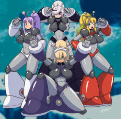  4girls ;d aged_up ahoge antennae armor armored_boots armored_gloves arms_up bikini_armor black_armor blonde_hair blue_eyes blush boots breasts clenched_hand commentary crossover embarrassed english_commentary green_ribbons grey_hair hair_over_one_eye hair_ribbon hairband happy headphones highres hyper_roll_(marvel_vs._capcom) joints knee_boots large_breasts long_hair looking_at_viewer maid_headdress marvel_vs._capcom mechanical_arms mechanical_boots mechanical_legs mega_man_(classic) mega_man_(series) mega_man_megamix multicolored_hair multiple_crossover multiple_girls one_eye_closed open_mouth piano_(mega_man_megamix) ponytail purple_armor purple_eyes purple_hair radio_antenna raised_fist red_armor red_eyes red_hair ribbon robot robot_girl robot_joints roll_(mega_man) sage_(sonic) shoulder_armor sidelocks smile sonic_(series) sonic_frontiers tesse two-tone_hair vcampan waku_waku_7 white_armor white_hair 