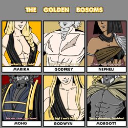  2girls 4boys abs big_breasts blonde_hair cleavage dark-skinned_female elden_ring female fromsoftware godfrey_first_elden_lord godwyn_the_golden jowan light-skinned_female male marika&#039;s_tits,_you_must_be_&#039;ungry mohg_lord_of_blood morgott_the_omen_king muscular muscular_female muscular_male nepheli_loux queen_marika_the_eternal text 