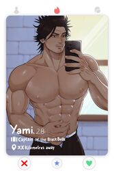  1boy black_clover bolloxxxz facial_hair male male_focus male_only muscles muscular muscular_male posing profile selfie tinder_(app) unzipped_pants yami_sukehiro 