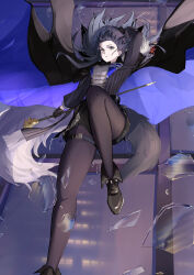  absurdres animal_ears ankle_boots arknights arknights:_endfield black_boots black_gloves black_hair black_hat black_pantyhose black_shorts boots brown_eyes cane female floating_hair glass_shards gloves hat highres holding holding_cane long_hair long_sleeves official_alternate_costume pantyhose shirt shorts shuuka solo texas_(arknights) texas_the_omertosa_(arknights) texas_the_omertosa_(il_segreto_della_notte)_(arknights) thigh_strap white_shirt wolf_ears wolf_girl 