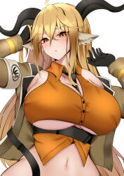  absurdres animal_ears arknights armband between_breasts black_gloves black_horns black_necktie blonde_hair breasts collared_shirt degenbrecher_(arknights) female gloves goat_ears goat_girl goat_horns green_jacket hair_between_eyes highres horns jacket kjerag_logo kokihanada lapels large_breasts long_hair looking_at_viewer military_jacket navel necktie necktie_between_breasts open_clothes open_jacket orange_eyes orange_shirt shirt sideboob simple_background solo underboob underbust upper_body very_long_hair white_background 