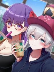  2girls anastasia_(fate) baseball_cap bb_(fate) black_shirt blue_eyes blue_sweater blush breasts cleavage cup disposable_coffee_cup disposable_cup doll drawstring drinking_straw fate/grand_order fate_(series) fou_(fate) goredolf_musik hair_over_one_eye hair_ribbon hat highres large_breasts long_hair long_sleeves looking_at_viewer multiple_girls particle_sfs pink_hat purple_eyes purple_hair red_ribbon ribbon shirt smile sweater very_long_hair viy_(fate) white_hair 