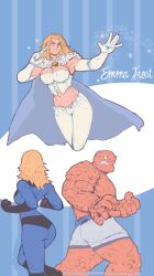  1boy 2girls 7_passes absurdres animification ass bare_shoulders ben_grimm blonde_hair blue_eyes boots breasts cape choker cleavage earrings elbow_gloves emma_frost fantastic_four gloves highres jewelry large_breasts long_hair marvel michel_teru monster_boy multiple_girls navel sue_storm x-men 