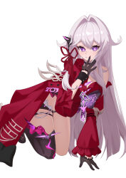  :q absurdres bare_shoulders black_gloves black_horns black_shorts black_thighhighs closed_mouth coat commentary female fishnet_gloves fishnets gloves hair_intakes hair_ribbon half_gloves highres honkai_(series) honkai_impact_3rd horns kneeling kurosti long_hair looking_at_viewer micro_shorts purple_eyes red_coat red_ribbon ribbon shorts side_horn simple_background single_horn single_thighhigh smile solo thelema_nutriscu thighhighs thighs tongue tongue_out white_background white_hair 