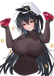  absurdres arms_up awwwwys azur_lane black_hair black_sweater bone_necklace breasts coin female gem gem_(azur_lane) hat highres holding holding_jewelry impossible_clothes impossible_sweater jewelry large_breasts long_hair long_sleeves red_gemstone ribbed_sweater side_ponytail sleeves_past_wrists solo standing sweater taihou_(azur_lane) upper_body very_long_hair white_background white_hat 