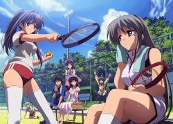  5girls blonde_hair blue_eyes blue_hair brown_eyes brown_hair clannad dango_daikazoku day detexted double_vertical_stripe dress fujibayashi_kyou fujibayashi_ryou furukawa_nagisa grey_hair gym_uniform hat highres ibuki_fuuko long_hair multiple_girls official_art okazaki_tomoya ponytail purple_eyes purple_hair racket sakagami_tomoyo short_hair siblings sisters sportswear sundress sunohara_youhei takahashi_mariko tennis_racket tennis_uniform thighhighs third-party_edit twins very_long_hair 