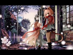  2girls animal_ears backpack bag brown_eyes brown_hair cat_ears highres letterboxed multiple_girls original photoshop_(medium) randoseru scarf shino_(eefy) snow sunset tail 