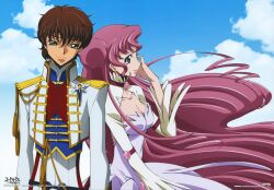  1boy absurdres blue_eyes brown_hair cloud code_geass couple day doughnut_hair_bun dress euphemia_li_britannia female green_eyes hair_bun highres itagaki_atsushi kururugi_suzaku long_hair photoshop_(medium) pink_hair scan sky straight uniform very_long_hair 