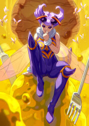  antennae arthropod_girl bare_shoulders bee bee_girl breasts bug commentary darkstalkers english_commentary female fork highres honey horns insect_wings knife mixed-language_commentary monster_girl purple_hair q-bee stinger wings yagi2013 