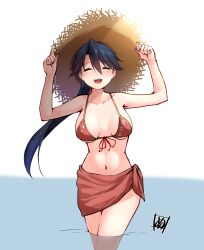  absurdres bikini black_hair brown_hat closed_eyes commentary_request cowboy_shot facing_viewer female front-tie_bikini_top front-tie_top hat highres houshou_(kancolle) kantai_collection long_hair ponytail red_bikini red_sarong sarong signature simple_background smile solo standing straw_hat swimsuit tadokoro_nurikabe wading water white_background 