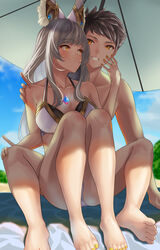  1boy 1girls bangs bare_arms bare_legs bare_shoulders bare_thighs barefoot beach beach_umbrella between_legs bikini bikini_bottom bikini_top blunt_bangs brown_hair canon_couple caressing_face chest_jewel couple cuddling female female_focus full_body grey_hair jewel jewelry light-skinned_female light-skinned_male long_hair looking_at_another looking_at_partner looking_back love nia nia_(blade) nia_(xenoblade) rex_(xenoblade) silver_hair sitting sitting_between_legs sitting_on_lap sitting_on_person smile smiling swimsuit swimwear teeth teeth_showing teeth_visible topless topless_male twintails umbrella white-paka wholesome xenoblade_(series) xenoblade_chronicles_(series) xenoblade_chronicles_2 yellow_eyes 