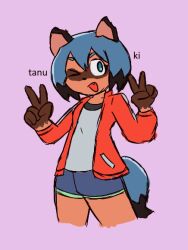  5_fingers anthro black_hair black_tail blue_eyes blue_hair blue_tail bottomwear brand_new_animal canid canine clothing digital_drawing_(artwork) digital_media_(artwork) female fingers flat_colors gesture hair hand_gesture jacket looking_at_viewer mammal michiru_kagemori multicolored_hair navsaka open_mouth pink_background raccoon_dog shirt shorts simple_background smile smiling_at_viewer solo standing studio_trigger tail tanuki text topwear two_tone_hair two_tone_tail v_sign 