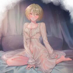  1boy auch_(unicorn_overlord) barefoot bed_sheet blonde_hair blue_eyes blush collarbone curtains dress eyelashes frilled_nightgown hair_between_eyes half-closed_eyes highres light_particles long_sleeves looking_down male_focus navel nightgown nude on_bed otoko_no_ko parted_lips pillow pink_lips see-through_clothes see-through_dress shiny_skin short_hair shy sitting solo unicorn_overlord yatyou6666 