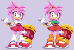  5_fingers amy_rose anthro classic_amy_rose classic_sonic_(universe) clothing eulipotyphlan eyelashes female fingers footwear fur gloves green_eyes handwear hedgehog looking_at_viewer mammal piko_piko_hammer pink_body pink_fur redesign sega sheylog shirt shoes simple_background smile smiling_at_viewer solo sonic_the_hedgehog_(series) topwear white_clothing white_gloves white_handwear 