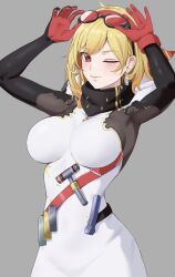  amayo_thranana arms_up blonde_hair bodystocking breasts closed_mouth dress earrings eyewear_on_head female gloves grey_background highres hololive hololive_indonesia jewelry kaela_kovalskia kaela_kovalskia_(1st_costume) large_breasts looking_at_viewer one_eye_closed red-tinted_eyewear red_eyes red_gloves simple_background single_glove smile solo tinted_eyewear virtual_youtuber white_dress 