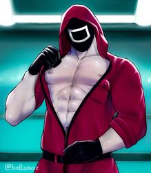  bolloxxxz male male_only masked muscles muscular muscular_male open_shirt pink_guard square_(squid_game) squid_game unzipped_bodysuit 