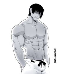  black_and_white bolloxxxz bulge jujutsu_kaisen looking_at_viewer male male_only muscles muscular muscular_male shirtless_male toji_fushiguro uncolored 