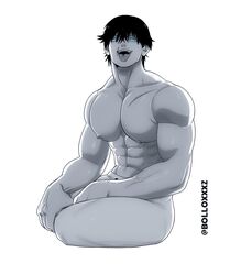  black_and_white blue_eyes bolloxxxz glowing_eyes jujutsu_kaisen male male_only muscles muscular muscular_male shirtless_male sitting toji_fushiguro tongue_out uncolored 