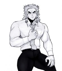  black_and_white bolloxxxz clothed demon_slayer kimetsu_no_yaiba looking_at_viewer male male_only muscles muscular muscular_male rengoku_kyoujurou tie uncolored 