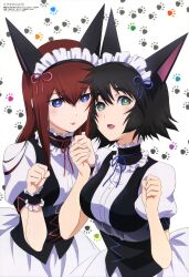  2girls absurdres animal_ears blue_eyes brown_hair green_eyes headdress highres holding_hands imageboard_desourced long_hair maid_headdress makise_kurisu megami_magazine multiple_girls non-web_source official_art paw_pose sakai_kyuuta shiina_mayuri short_hair steins;gate tongue waitress wrist_cuffs 