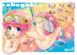  :d bikini bikini_skirt commentary_request diving_mask female finger_to_mouth flip-flops goggles hyuuga_azuri looking_at_viewer open_mouth original pink_hair print_bikini sandals seashell shell single_sandal skirt smile snorkel solo star_(symbol) star_print swimsuit water_gun 