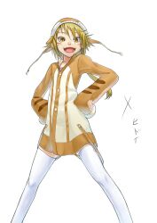  blonde_hair commentary_request female hands_on_own_hips hood hoodie long_hair mossari_poteto oerba_yun_fang open_mouth original sleeves_past_wrists smile solo thighhighs whiskers white_thighhighs 