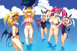  5girls angel_wings animal_ears arms_up ass ball bikini blonde_hair blue_eyes blush breasts brown_eyes cleavage cloud comiket_80 commentary_request covered_nipples day demon demon_girl demon_tail demon_wings earrings eyewear_on_head flat_chest food front-tie_top goggles goggles_on_head groin hand_on_own_hip headband heart heart_earrings horns huge_breasts ice_cream jewelry large_breasts long_hair looking_at_viewer multiple_girls navel necklace ocean oerba_yun_fang one-piece_swimsuit one-piece_thong open_mouth original pink_hair polearm popsicle rabbit_ears red_eyes ryoji_(nomura_ryouji) side-tie_bikini_bottom sideboob sky smile spear squid star_(symbol) sunglasses swimsuit tail thong twintails wading water weapon wet white_hair wings yellow_eyes 