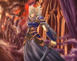  armor armored_dress bad_id bad_pixiv_id blue_armor blue_eyes braid curtains feathers female helmet lenneth_valkyrie light_purple_hair long_braid long_hair photoshop_(medium) pokimari shoulder_pads smoke solo sword valkyrie_profile_(series) vambraces very_long_hair weapon 