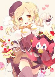  beret blonde_hair breasts cake candy charlotte_(madoka_magica) cheese commentary_request cookie corset cup detached_sleeves drill_hair female fingerless_gloves food fruit gloves hair_ornament hat heart highres large_breasts lollipop magical_girl mahou_shoujo_madoka_magica mahou_shoujo_madoka_magica_(anime) moriyama_shijimi photoshop_(medium) pleated_skirt ribbon shirt skirt smile solo_focus strawberry striped_clothes striped_thighhighs swirl_lollipop taut_clothes taut_shirt teacup thighhighs tomoe_mami tomoe_mami_(magical_girl) twin_drills twintails vertical-striped_clothes vertical-striped_thighhighs yellow_eyes zettai_ryouiki 