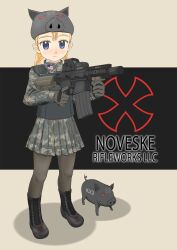  animal_hat armor assault_rifle bad_id bad_pixiv_id boots braid camouflage digital_camouflage eotech female flag gun hat highres military noveske_rifleworks original pantyhose personification pig product_girl rifle skirt solo takafumi twin_braids united_states weapon 