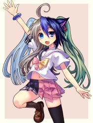  :3 ahoge animal_ears aqua_hair asymmetrical_clothes asymmetrical_hair bad_id bad_pixiv_id blue_eyes blue_hair bow bracelet cat_ears chikokuma chimerism commentary_request female fusion futaba_channel grey_hair hair_ornament heterochromia jewelry light_purple_hair long_hair moetron multicolored_hair oerba_yun_fang original outstretched_arm outstretched_hand school_uniform serafuku skirt smile solo thighhighs twintails 