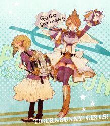  2girls alternate_hairstyle angel_wings backpack bag belt blonde_hair boots commentary_request cosplay english_text epaulettes green_eyes hair_bun hair_ornament hairclip huang_baoling jetpack karina_lyle midriff multiple_girls navel pom_pom_(cheerleading) red_eyes sachiko_(omame) single_hair_bun skirt sky_high_(tiger_&amp;_bunny) sky_high_(tiger_&amp;_bunny)_(cosplay) thighhighs tiger_&amp;_bunny wings 