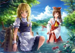  2girls ascot bad_id bad_pixiv_id blonde_hair bow box braid brown_hair clothes_lift colored_eyelashes commentary_request detached_sleeves donation_box flood hair_tubes hairbow hakurei_reimu hexagram kirisame_marisa long_hair multiple_girls outdoors panties photoshop_(medium) red_eyes sarashi shiki_takuto skirt skirt_lift star_(symbol) torii touhou underwear water wet wet_clothes white_panties wringing_clothes wrist_cuffs yellow_eyes 