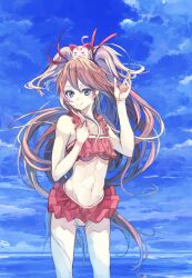  bad_id bad_pixiv_id bikini blue_eyes brown_hair female frilled_bikini frills hair_ribbon highres houjou_hibiki hummy_(suite_precure) long_hair navel ocean photoshop_(medium) precure ribbon smile solo suite_precure swimsuit toromi_chuuka two_side_up water 