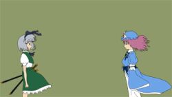  2girls animated animated animated dress female hat headband katana konpaku_youmu lowres mahou_sensei_negima mahou_sensei_negima! multiple_girls negima negima!? saigyouji_yuyuko short_hair simple_background standing sword touhou weapon 