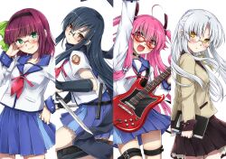  4girls :d angel_beats! bad_id bad_pixiv_id bespectacled blazer blue_hair blush brown_eyes choker electric_guitar glasses green_eyes guitar hairband hand_on_own_hip instrument jacket knife long_hair multiple_girls nakamura_yuri natsu_natsuna notebook oerba_yun_fang open_mouth pink_hair pleated_skirt purple_hair red_eyes school_uniform serafuku sheath shiina_(angel_beats!) shin_guards shinda_sekai_sensen_uniform skirt smile tachibana_kanade thigh_strap white_hair yellow_eyes yui_(angel_beats!) 