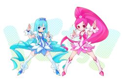  2girls bad_id bad_pixiv_id blue_choker blue_eyes blue_hair blue_skirt boots bow brooch chitose_kiiro choker cure_blossom cure_marine hair_ornament hanasaki_tsubomi heart heart_brooch heartcatch_precure! high_ponytail jewelry knee_boots kurumi_erika long_hair magical_girl multiple_girls photoshop_(medium) pink_bow pink_choker pink_eyes pink_hair ponytail precure skirt thighhighs 