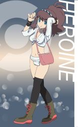  bag bee-j1 black_legwear black_thighhighs blue_eyes boots breasts brown_hair cleavage headband highres long_hair makoto_daikichi navel pokemon pokemon_(game) pokemon_black_and_white pokemon_bw ponytail skirt smile solo thighhighs touko_(pokemon) touko_(pokemon) 