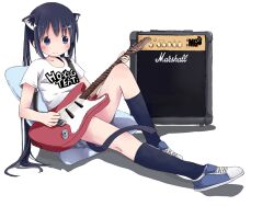  absurdres amplifier animal_ears bad_id bad_pixiv_id black_hair brown_eyes cat_ears clothes_writing electric_guitar female guitar highres instrument k-on! long_hair marshall_amplification nakano_azusa sakuraba_hikaru_(loveindog) shirt solo speaker t-shirt tail twintails 