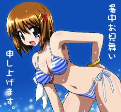  bikini blue_eyes brown_hair chirorian commentary_request female hair_ornament lyrical_nanoha mahou_shoujo_lyrical_nanoha_strikers shochuumimai short_hair solo striped_bikini striped_clothes swimsuit x_hair_ornament yagami_hayate 