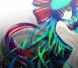  bad_id bad_pixiv_id breasts eyepatch female front_ponytail green_eyes green_hair hair_ribbon highres kagiyama_hina lights long_hair medium_breasts naked_ribbon nude pale_skin ribbon sideboob solo sousakubito touhou upper_body 