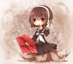  bob_cut brown_hair chibi commentary_request expressionless female flower hand_on_headphones headphones minamiya_mia monster_girl nene_nene plant plant_girl plant_roots pleated_skirt red_eyes school_uniform serafuku skirt solo utau vines 