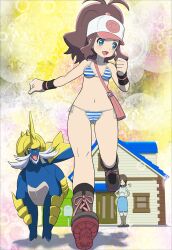  baseball_cap bee-j1 bikini blue_eyes blush breasts brown_hair hat highres long_hair looking_back makoto_daikichi mother_(pokemon) mother_bw_(pokemon) navel open_mouth pokemon pokemon_(game) pokemon_black_and_white pokemon_bw ponytail running samurott smile swimsuit touko_(pokemon) touko_(pokemon) 