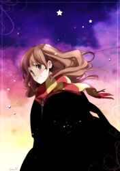  brown_eyes brown_hair commentary_request dutch_angle female gryffindor harry_potter_(series) hermione_granger hogwarts_school_uniform inma long_hair photoshop_(medium) scarf school_uniform solo star_(symbol) wizarding_world 