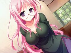  blush breasts cleavage female large_breasts long_hair natsukon original pink_hair purple_eyes smile solo 